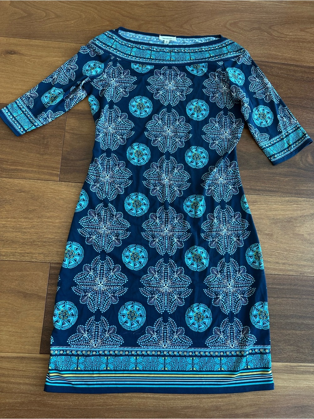 Max Studio Navy Medallion Print Boatneck Shift Dress - Size S